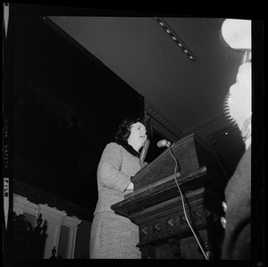 Louise Day Hicks speaking at Faneuil Hall