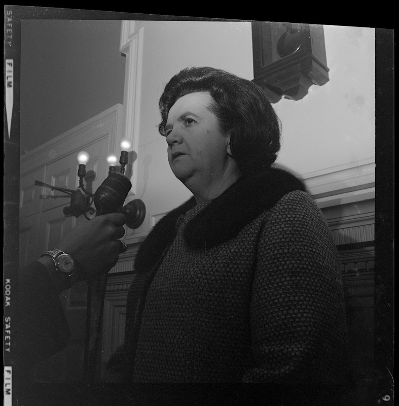 Louise Day Hicks being interviewed at Faneuil Hall