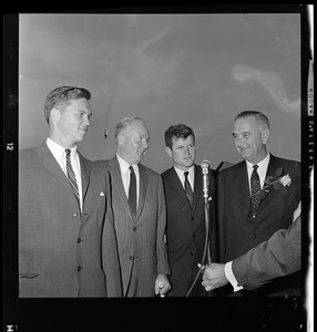 Governor Endicott Peabody, Mayor John F. Collins, Senator Ted Kennedy, and Vice President Lyndon B. Johnson at Logan Airport