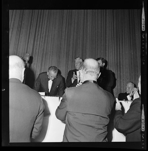 Vice President Lyndon B. Johnson, Senator Leverett Saltonstall, Senator Ted Kennedy, and Mayor John Collins during Associated Industries of Massachusetts, meeting at Statler Hilton