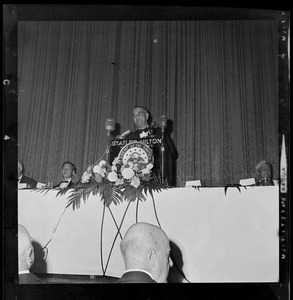Vice President Lyndon B. Johnson addressing Associated Industries of Massachusetts meeting at Statler Hilton