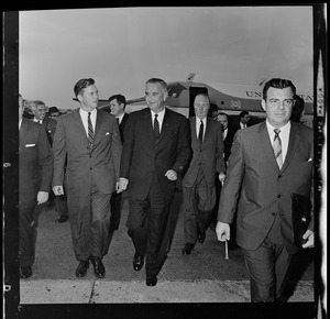 Governor Endicott Peabody, Senator Ted Kennedy, Vice President Lyndon B. Johnson and Mayor John F. Collins at Logan Airport