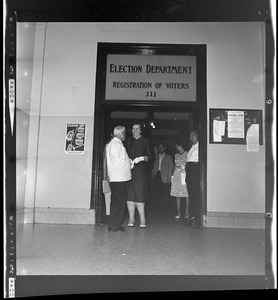 Louise Day Hicks talking to man outside of the Election Department Registration of Voters