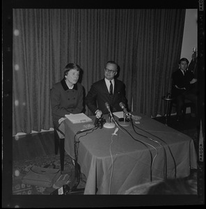 Ruth Adams, left, President of Wellesley College, and Howard Johnson, President of MIT, announce agreement on a five-year exchange plan