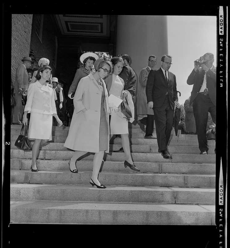 Princess Christina Bernadotte of Sweden walking down stairs of Harvard's Memorial Church with Mary Jan Ryder on her left