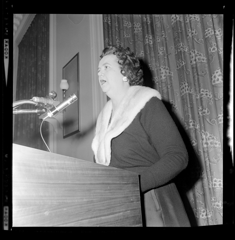 Louise Day Hicks announcing her run for State Treasurer during a press conference at the Golden Dome Restaurant