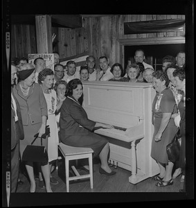 School Committee Chairman Mrs. Louise Day Hicks belts out victory song at South Boston Yacht Club campaign headquarters after learning of her overwhelming plurality vote