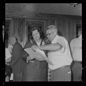 Louise Day Hicks shown election ballot at South Boston Yacht Club campaign headquarters