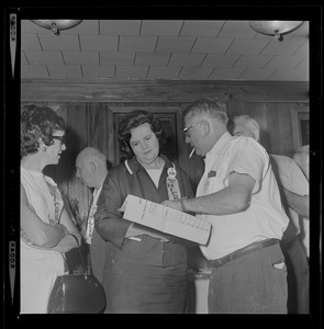 Louise Day Hicks shown election ballot at South Boston Yacht Club campaign headquarters