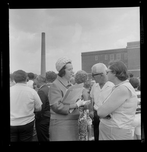 School Committeewoman Louise Day Hicks talks with 100 South Boston mothers after a protest meeting held yesterday at the "D" St. ball ground