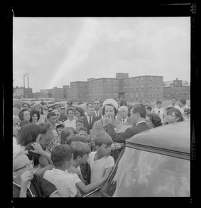 School Committeewoman Louise Day Hicks talks with 100 South Boston mothers after a protest meeting held yesterday at the "D" St. ball ground