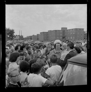 School Committeewoman Louise Day Hicks talks with 100 South Boston mothers after a protest meeting held yesterday at the "D" St. ball ground