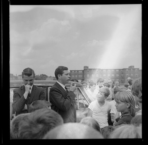 School Committee Chair Thomas S. Eisenstadt addressing anti-bussing protest meeting at the "D" St. ball ground