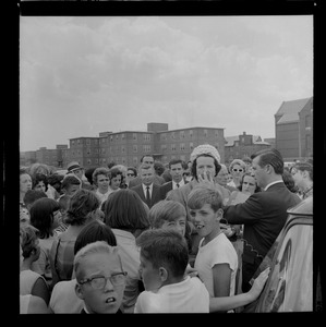 School Committee member Louise Day Hicks addressing anti-bussing protest meeting at the "D" St. ball ground