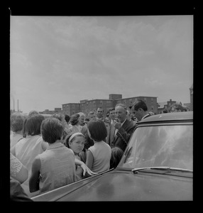 Unidentified man addressing anti-bussing protest meeting at the "D" St. ball ground