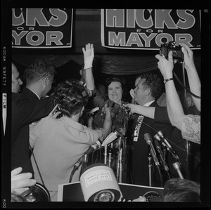 Louise Day Hicks waving to supporters at campaign headquarters