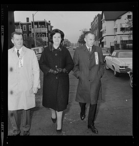 Paul Day, Louise Day Hicks, and John Hicks walking to vote in mayoral election