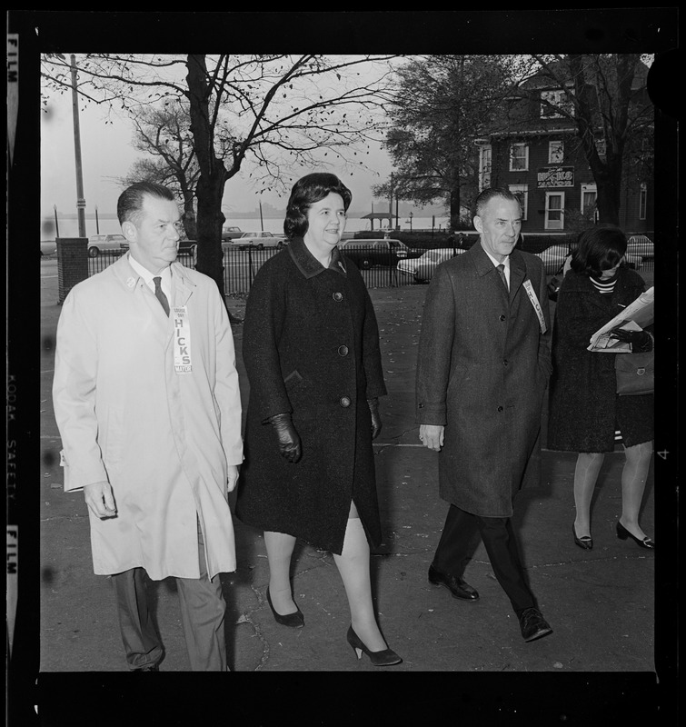 Paul Day, Louise Day Hicks, and John Hicks walking to vote in mayoral election