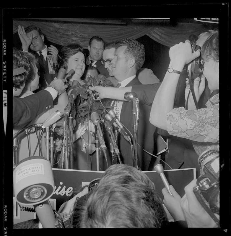 Louise Day Hicks addressing supporters at campaign headquarters