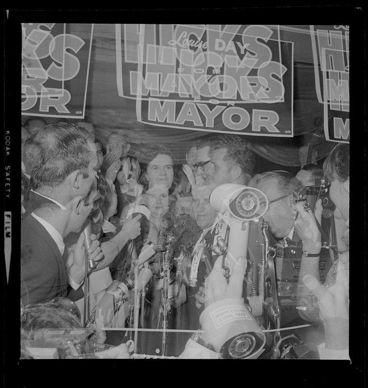 Louise Day Hicks addressing supporters at campaign headquarters