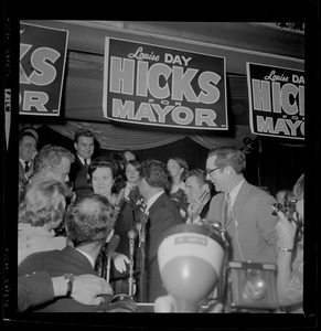 Louise Day Hicks addressing supporters at campaign headquarters