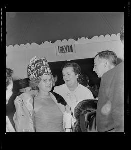 Unidentified woman, Louise Day Hicks and John Hicks at victory party following School Committee election