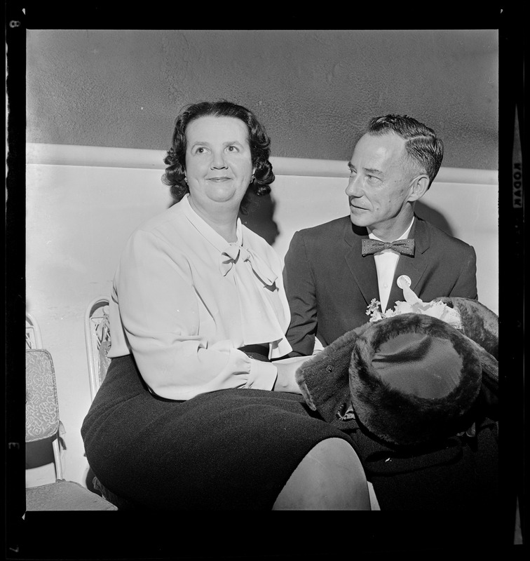 Louise Day Hicks and John Hicks at victory party following School Committee election