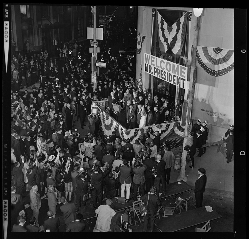 President Lyndon Johnson addressing campaign rally in Post Office