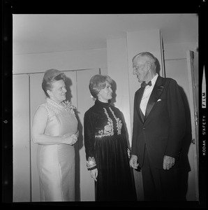 Unidentified woman, Congresswoman Margaret Heckler, and former Sen. Leverett Saltonstall during dinner held in Heckler's honor at Hotel Somerset