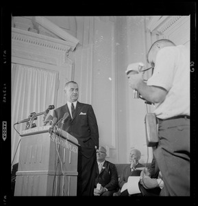 Senator Lyndon Johnson at press conference at Sheraton-Plaza