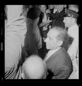 Crowd around Senator Lyndon Johnson during trip to Boston
