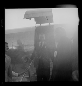 Senator Lyndon Johnson arriving at Logan Airport