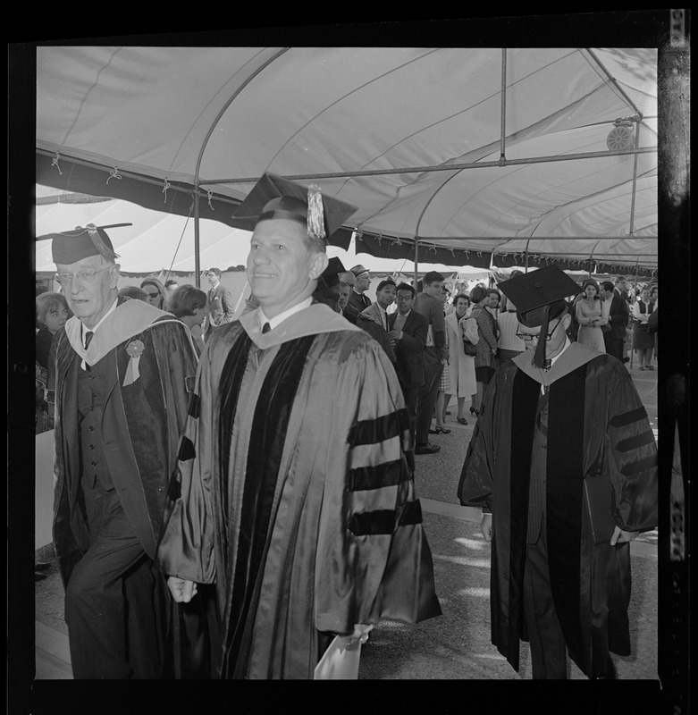 Vannevar Bush, Governor John Volpe, Dr. James R. Killian, Jr., and new MIT President Howard Johnson at Johnson's inauguration