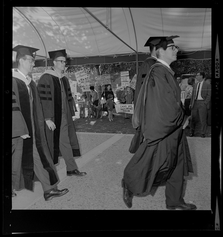 As more than 4000 persons--including presidents of 57 U.S. universities and colleges--attended inauguration ceremonies for Howard W. Johnson, new president of MIT, a group of pickets appeared and faced solemn but colorful academic procession. They were asking for help in their protest against planned inner belt through Cambridge