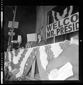 President Lyndon B. Johnson speaking at campaign rally at Post Office Square