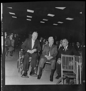 Mayor Collins, former Mayor John B. Hynes and Eli Goldston, Chairman of Dedication Committee, shown at preview of "John F. Kennedy Years of Lightning, Day of Drums," which was shown at Boston's new War Memorial Auditorium