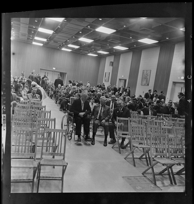 Mayor Collins, former Mayor John B. Hynes and Eli Goldston, Chairman of Dedication Committee, shown at preview of "John F. Kennedy Years of Lightning, Day of Drums," which was shown at Boston's new War Memorial Auditorium