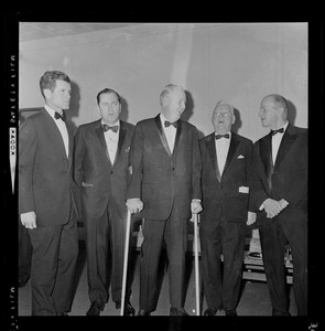 Senator Ted Kennedy, Detroit Mayor Jerome Cavanagh, Mayor John F. Collins, former Mayor John B. Hynes, and unidentified man at testimonial dinner honoring Collins