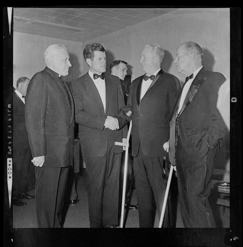 Richard Cardinal Cushing, Senator Ted Kennedy, and Mayor John F. Collins and unidentified man at testimonial dinner honoring Collins