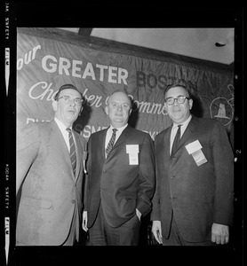 Boston Chamber of Commerce President Bernard J. O'Keefe is flanked by two of the 14 members of the Massachusetts congressional delegation. Left is Cong. Edward Boland, of Springfield. Right is Cong. F. Bradford Morse, of Lowell