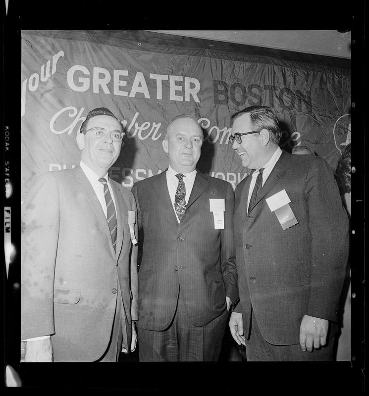 Boston Chamber of Commerce President Bernard J. O'Keefe is flanked by two of the 14 members of the Massachusetts congressional delegation. Left is Cong. Edward Boland, of Springfield. Right is Cong. F. Bradford Morse, of Lowell