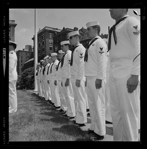 Navy personnel outside the State House during a memorial service for those lost aboard the submarines USS Scorpion and USS Thresher and Robert Kennedy