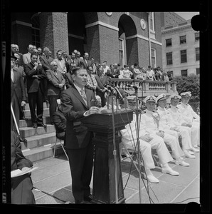 Gov. John Volpe addressing the crowd at memorial service on the State House steps for those lost aboard the submarines USS Scorpion and USS Thresher and Robert Kennedy
