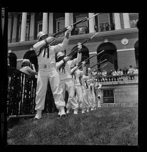 Military honor guard or rifle party outside the State House during a memorial service for those lost aboard the submarines USS Scorpion and USS Thresher and Robert Kennedy