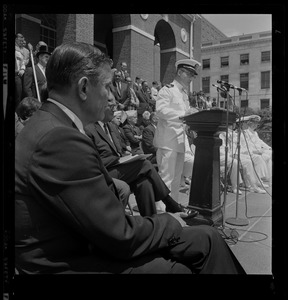 Gov. John Volpe listens as Navy Chaplain James D. Pfannenstel eulogized men lost aboard the USS Scorpion while House and Senate met in joint convention on steps of State House, Boston