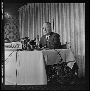 Mayor John F. Collins holding press conference at the Sheraton-Plaza Hotel