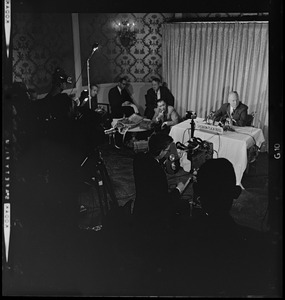 Mayor John F. Collins holding press conference at the Sheraton-Plaza Hotel