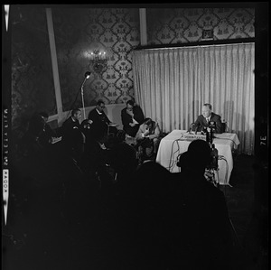 Mayor John F. Collins holding press conference at the Sheraton-Plaza Hotel
