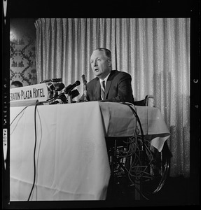 Mayor John F. Collins holding press conference at the Sheraton-Plaza Hotel