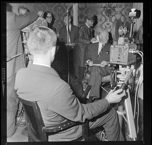 Mayor John F. Collins holding press conference at the Sheraton-Plaza Hotel